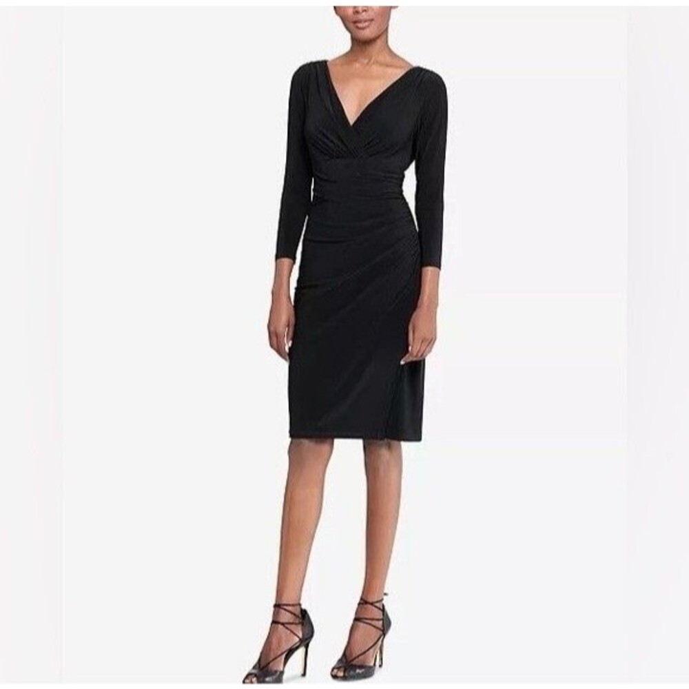 LAUREN Ralph Lauren Black Ruched Jersey Midi Dress Size 12 V-Neck  3/4 Sleeve